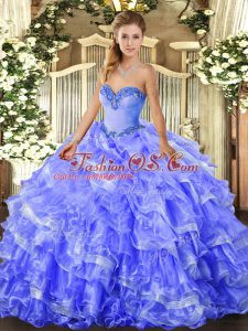 Blue Organza Lace Up Sweetheart Sleeveless Floor Length Sweet 16 Dresses Beading and Ruffled Layers