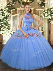 Baby Blue Halter Top Lace Up Beading and Embroidery Quinceanera Dress Sleeveless