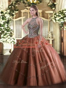 Chocolate Sleeveless Tulle Lace Up Quinceanera Gowns for Sweet 16 and Quinceanera
