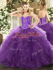 Gorgeous Eggplant Purple Ball Gowns Sweetheart Sleeveless Tulle Floor Length Lace Up Beading and Ruffles Sweet 16 Quinceanera Dress