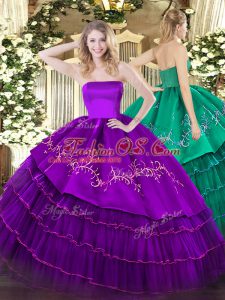 Glittering Purple Strapless Neckline Embroidery and Ruffled Layers Sweet 16 Dress Sleeveless Zipper