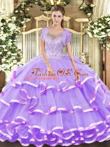 New Style Lavender Ball Gowns Beading and Ruffled Layers Sweet 16 Dress Lace Up Tulle Sleeveless Floor Length
