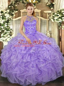 Halter Top Sleeveless Quinceanera Dresses Floor Length Beading and Ruffles Lavender Organza