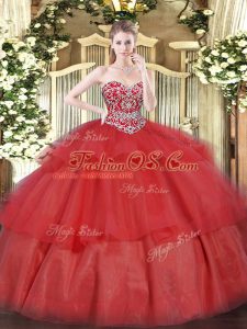 Sleeveless Floor Length Beading and Ruffled Layers Lace Up Sweet 16 Quinceanera Dress with Red