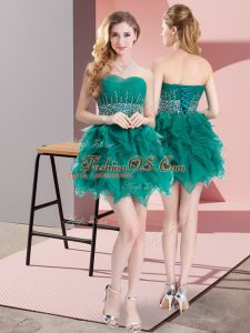 Eye-catching Green A-line Tulle Sweetheart Sleeveless Beading and Ruffles Mini Length Lace Up Evening Dress