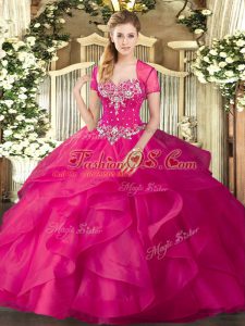 Tulle Sweetheart Sleeveless Lace Up Beading and Ruffles Quince Ball Gowns in Hot Pink
