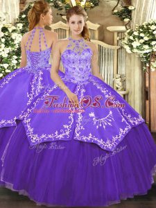 Elegant Floor Length Purple Quince Ball Gowns Halter Top Sleeveless Lace Up