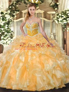 Affordable Sleeveless Organza Floor Length Lace Up 15th Birthday Dress in Orange with Beading and Ruffles
