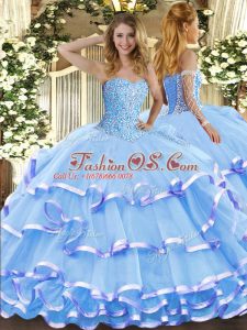 Custom Fit Aqua Blue Ball Gowns Sweetheart Sleeveless Organza Floor Length Lace Up Beading and Ruffled Layers 15 Quinceanera Dress