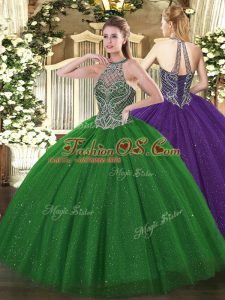 Vintage Green Tulle Lace Up Halter Top Sleeveless Floor Length 15 Quinceanera Dress Beading