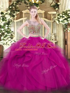 Low Price Fuchsia Tulle Lace Up Quinceanera Gown Sleeveless Floor Length Beading and Ruffles