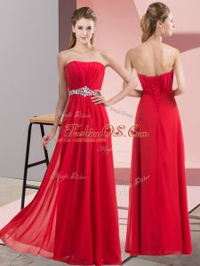 Sleeveless Chiffon Floor Length Lace Up Party Dresses in Red with Beading