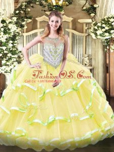 Yellow Green and Light Yellow Sleeveless Beading and Ruffled Layers Floor Length Sweet 16 Dresses