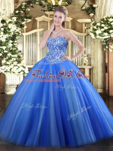 Luxury Blue Tulle Lace Up Sweetheart Sleeveless Quinceanera Dress Appliques