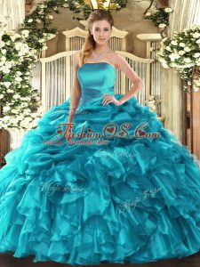 Luxury Teal Organza Lace Up Strapless Sleeveless Floor Length Ball Gown Prom Dress Ruffles and Pick Ups