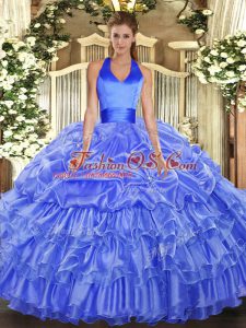 Unique Blue Sleeveless Ruffled Layers and Pick Ups Floor Length Quinceanera Gowns