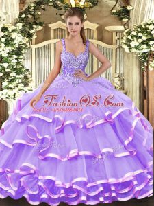 High Class Organza Sleeveless Floor Length 15 Quinceanera Dress and Beading and Ruffled Layers