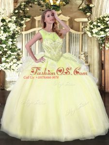 Organza Scoop Sleeveless Lace Up Beading Quince Ball Gowns in Light Yellow
