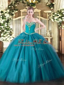 Pretty Teal Ball Gowns Sweetheart Sleeveless Tulle Floor Length Lace Up Beading Sweet 16 Dresses