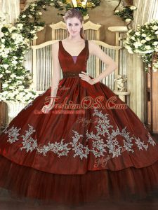 Designer Wine Red Sleeveless Beading and Embroidery Floor Length Quinceanera Gown