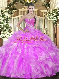 Discount Floor Length Lace Up Quinceanera Gowns Lilac for Military Ball and Sweet 16 and Quinceanera with Beading and Ruffles