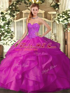 Sleeveless Tulle Floor Length Lace Up Quinceanera Dress in Fuchsia with Beading and Ruffles