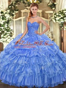 Deluxe Sweetheart Sleeveless Quinceanera Gown Floor Length Beading and Ruffled Layers and Pick Ups Baby Blue Organza