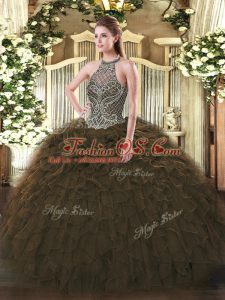 Modern Olive Green Ball Gowns Beading and Ruffles Quinceanera Dresses Lace Up Organza Sleeveless Floor Length