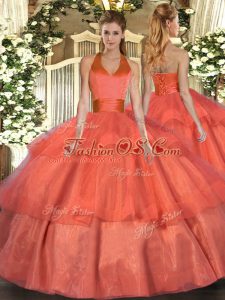 Floor Length Lace Up Vestidos de Quinceanera Orange Red for Military Ball and Sweet 16 and Quinceanera with Ruffled Layers