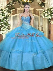 Modest Tulle Sweetheart Sleeveless Lace Up Beading and Ruffled Layers Ball Gown Prom Dress in Aqua Blue