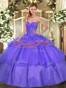 Custom Fit Lavender Ball Gowns Sweetheart Sleeveless Tulle Floor Length Lace Up Beading and Ruffled Layers Quinceanera Gowns