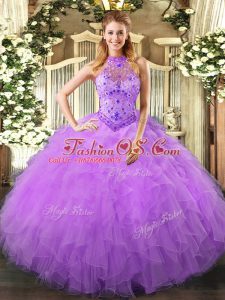 Inexpensive Ball Gowns Quinceanera Dresses Lavender Halter Top Organza Sleeveless Floor Length Lace Up