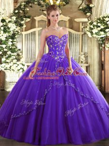 Best Purple Lace Up Sweetheart Appliques and Embroidery Quinceanera Dress Tulle Sleeveless Brush Train
