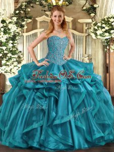 Gorgeous Beading and Ruffles Quinceanera Dresses Teal Lace Up Sleeveless Floor Length