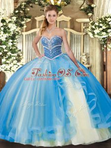 Enchanting Sweetheart Sleeveless Quinceanera Gowns Floor Length Beading and Ruffles Baby Blue Tulle