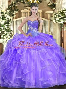 Glittering Lavender Lace Up Sweetheart Beading and Ruffles Ball Gown Prom Dress Organza Sleeveless