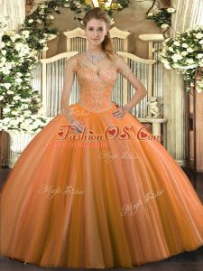 Orange Red Lace Up Quinceanera Dress Beading Sleeveless Floor Length
