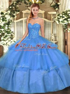 Deluxe Tulle Sleeveless Floor Length 15 Quinceanera Dress and Beading and Ruffled Layers