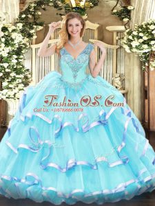 Affordable Aqua Blue Ball Gowns Organza V-neck Sleeveless Ruffled Layers Floor Length Lace Up Sweet 16 Dress