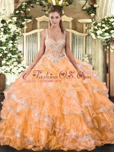 Organza Straps Sleeveless Lace Up Beading and Ruffled Layers Sweet 16 Dresses in Orange