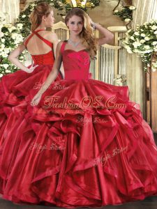 Wine Red Organza Lace Up 15th Birthday Dress Sleeveless Floor Length Ruffles