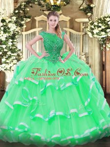Most Popular Apple Green Ball Gowns Organza Scoop Sleeveless Beading and Ruffled Layers Floor Length Lace Up Vestidos de Quinceanera