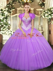 New Arrival Lavender Tulle Lace Up Quinceanera Dress Sleeveless Floor Length Beading