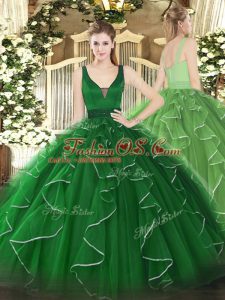 Custom Designed Sleeveless Floor Length Beading and Ruffles Zipper 15th Birthday Dress with Green
