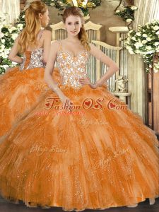 Noble Orange Ball Gowns Tulle Straps Sleeveless Beading and Ruffles Floor Length Lace Up Vestidos de Quinceanera