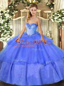 Blue Sweetheart Lace Up Beading and Ruffled Layers Quince Ball Gowns Sleeveless
