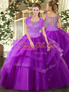 Eggplant Purple Sleeveless Floor Length Beading and Ruffles Clasp Handle 15th Birthday Dress