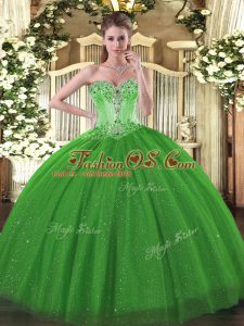 Green Tulle and Sequined Lace Up Quinceanera Gowns Sleeveless Floor Length Beading