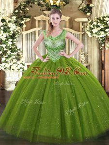 Olive Green Ball Gowns Beading Quinceanera Gown Lace Up Tulle and Sequined Sleeveless Floor Length
