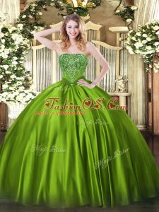 Romantic Olive Green Satin Lace Up Quinceanera Gown Sleeveless Floor Length Beading